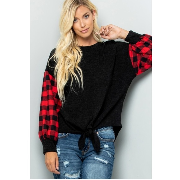 Glam Girl Fashion Tops - NWT Red Plaid Balloon Sleeve Tie Front Top